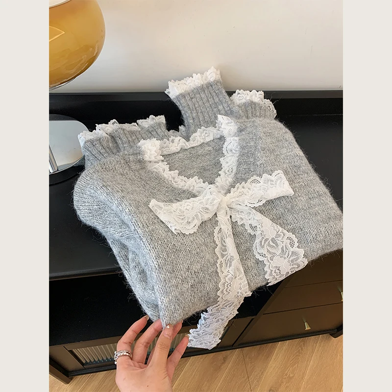 레드 브이넥 레이스 스플라이스 매듭 스웨터 여성용 가을 겨울 고급 니트 탑 스위트 슬림 핏 롱 스웨터