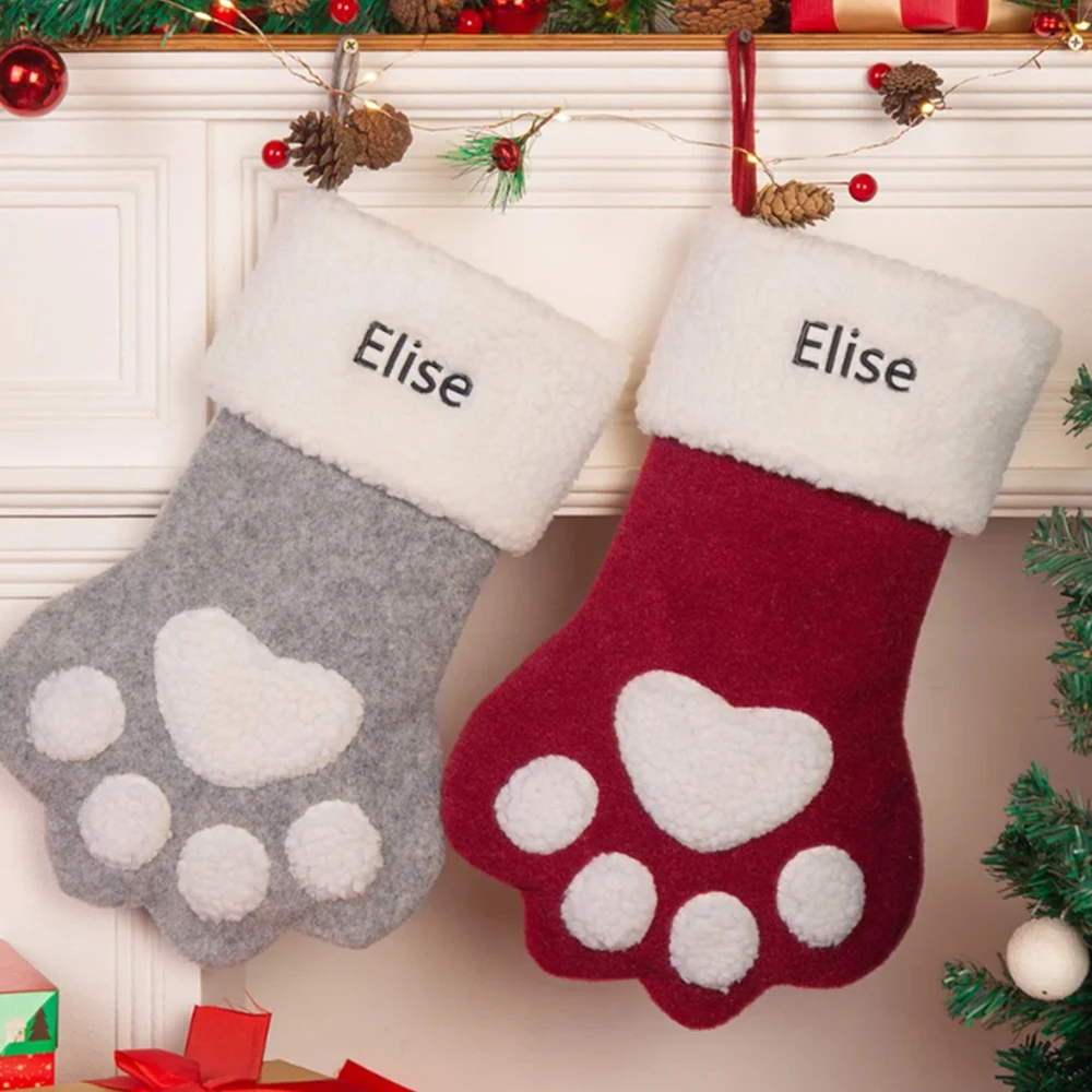 

New Christmas Santa Socks Kids Candy Bag Embroidered Name Pet Paw Merry Christmas Gift Bags Customized Any Name Dog Stockings