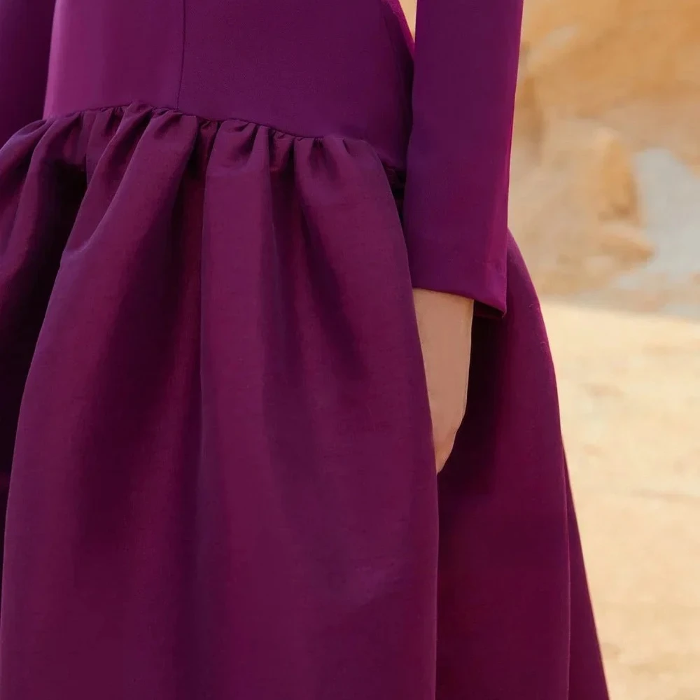 Eenvoudige Midi Avondjurk voor Vrouwen O-hals Lange Mouwen A-lijn Plooi Jersey Avondjurken Enkellange Feestjurken Op maat