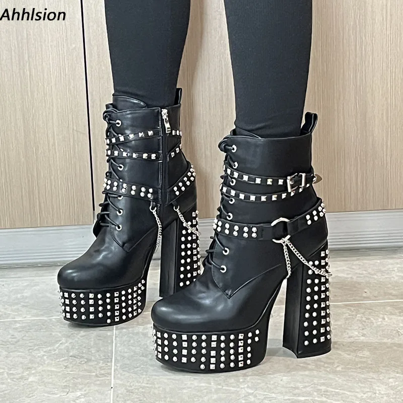 

Ahhlsion New Women Winter Ankle Boots Platform Chunky High Heels Round Toe Pretty Black Punk Shoes Ladies US Plus Size 5-20