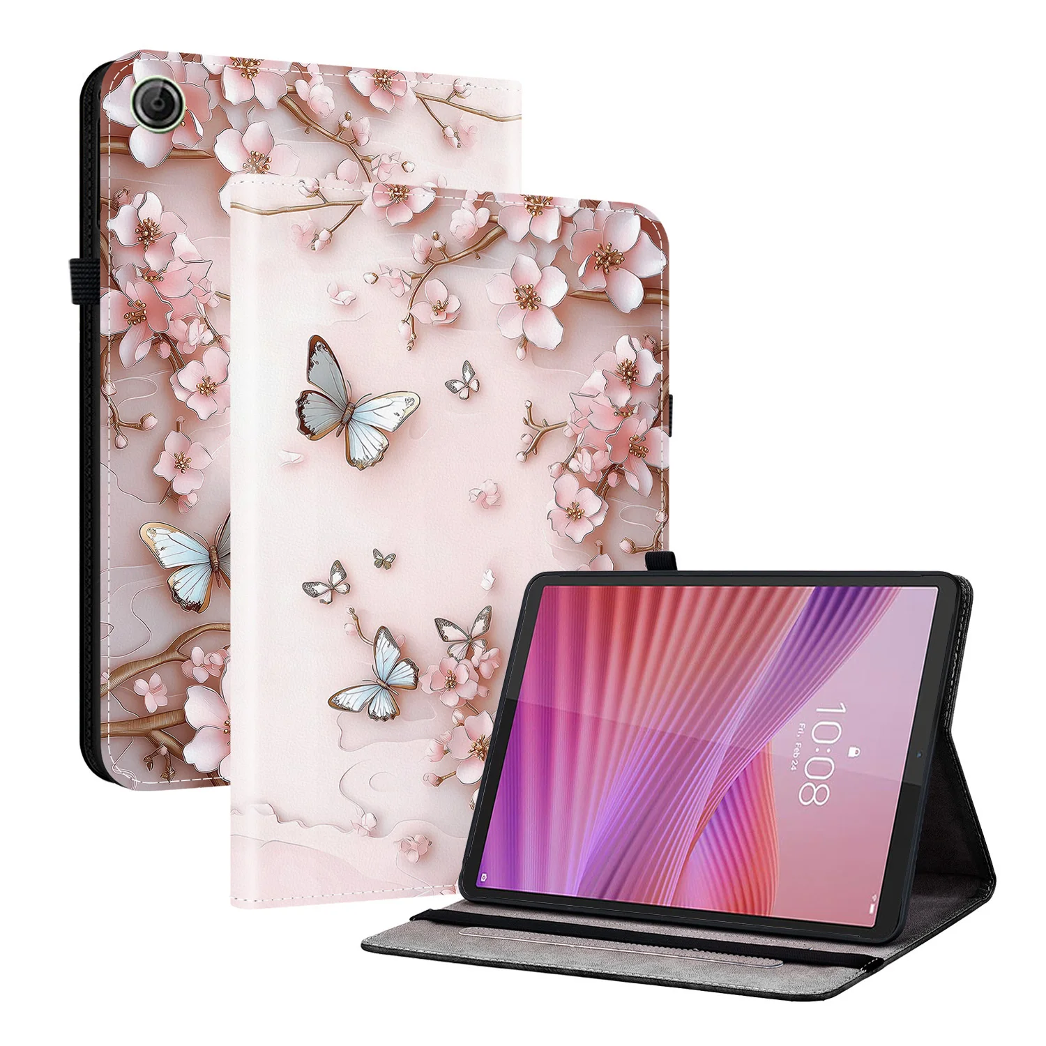 

For Lenovo Tab K9 Leather Case Pattern Printed Stand Tablet Cover with Card Slots - Pink Butterfly