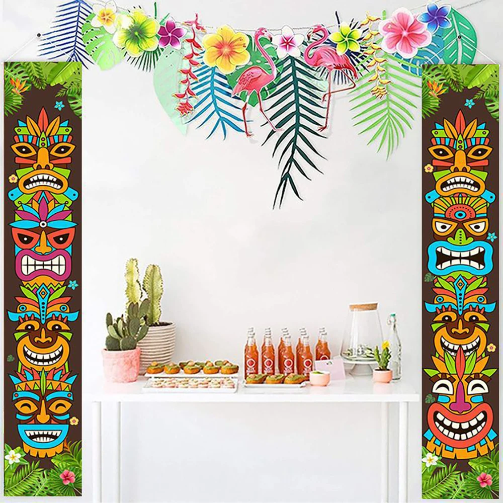 Tiki Door Banner Hawaiian Luau Party Hanging Porch Sign Aloha Tropical Background