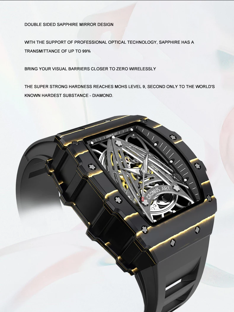 CRONUSART ساعة أوتوماتيكية للرجال 50 مللي متر Tonneau ساعة اليد الميكانيكية ألياف الكربون حافظة مضيئة فلوروروبر حزام الهيكل العظمي الهاتفي