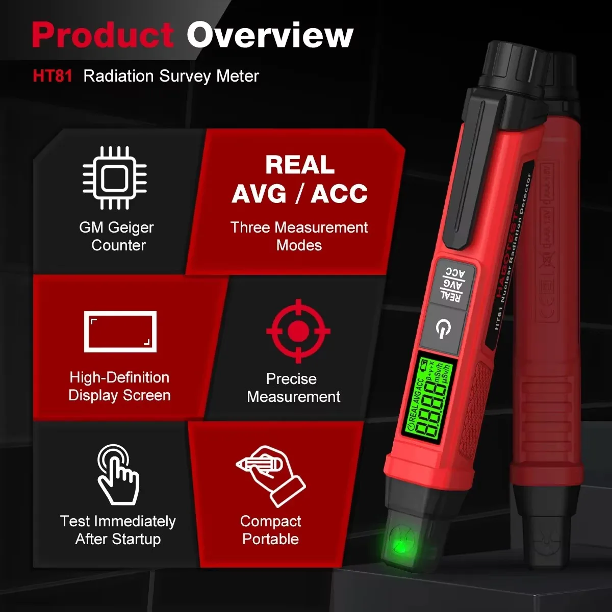 HABOTEST HT81 Pen Type Nuclear Radiation Detector GM Geiger Counter Portable Radiation Survey Meter Real AVG ACC Mode HD Display