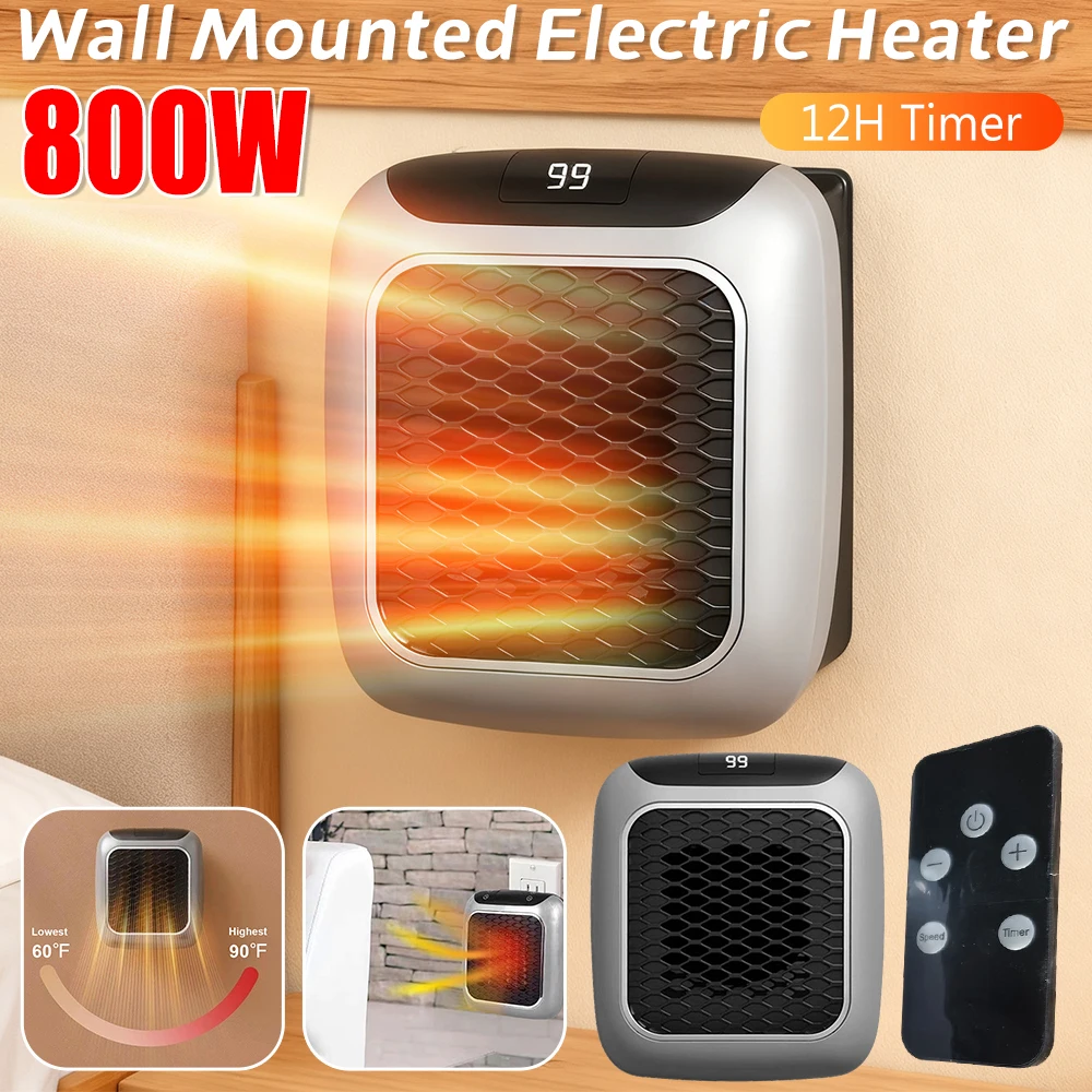 Mini aquecedor de cerâmica ptc 800w, aquecimento rápido, aquecedor de banheiro com controle remoto, aquecedor elétrico montado na parede para uso interno