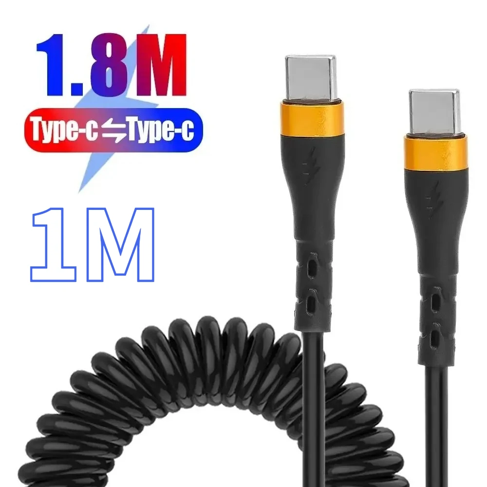 6A 120W PD Spring USB-C Charging Cord Retractable Car Type-C To Type-C Fast Charge Data Cable For iPhone 15 Samsung Xiaomi Wire