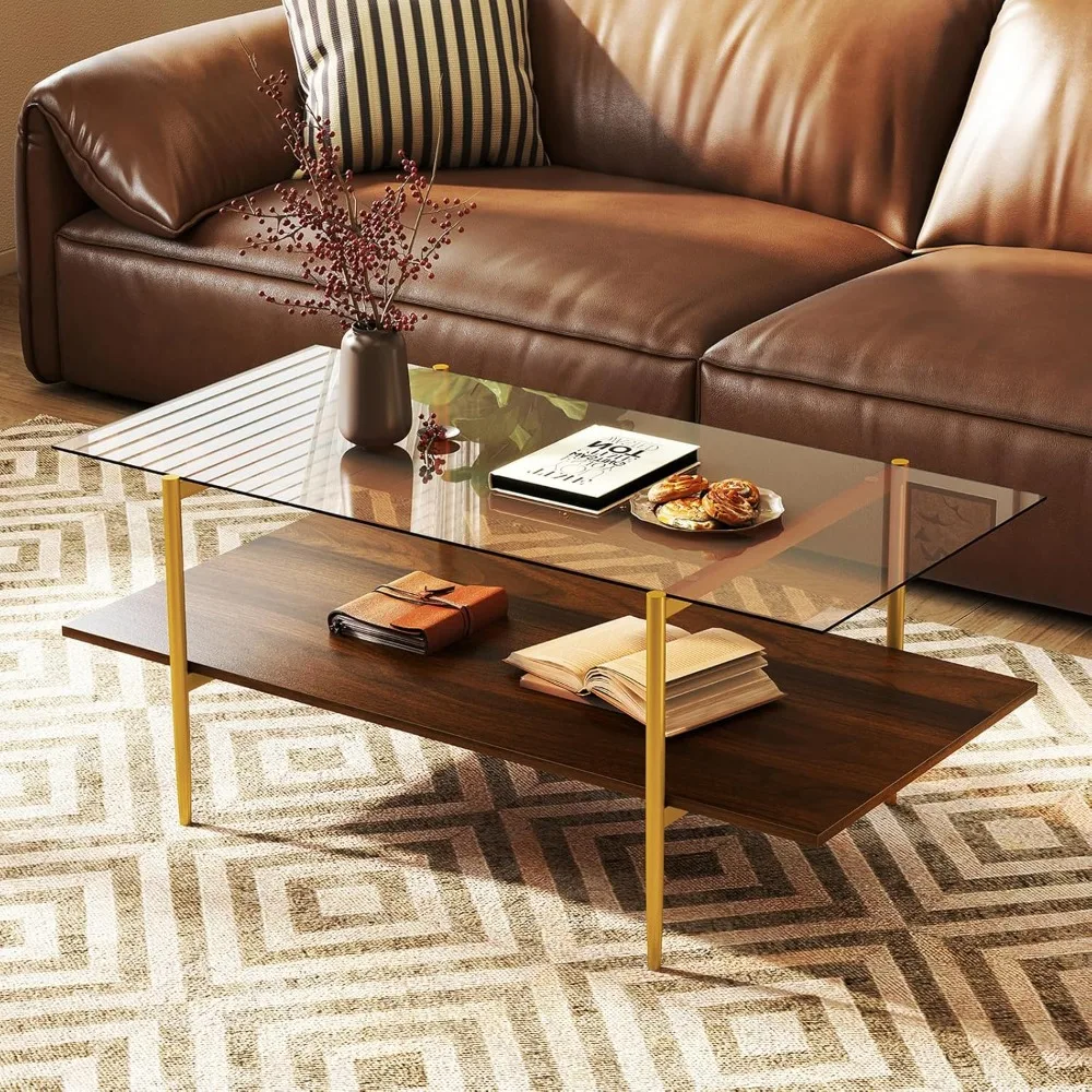 유리 커피 테이블, 앰버 강화 유리 테이블 상판이 있는 미드 센추리 모던 센터 테이블, 월넛 수납 선반 및 골든 레이어