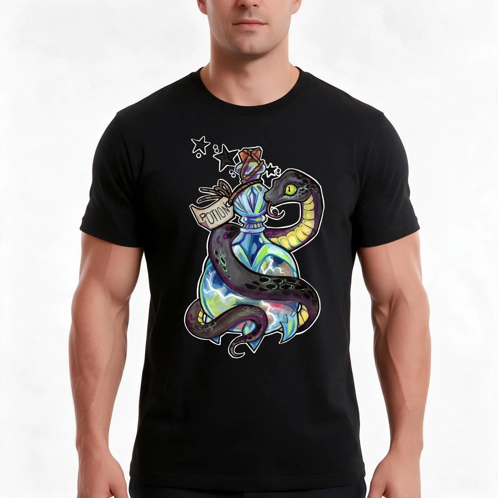 Potion snake T-Shirt, Summer Casual Cotton Tee, Oversized Streetwear Tops, Vintage Graphic Print, Loose Fit Short Sleeve