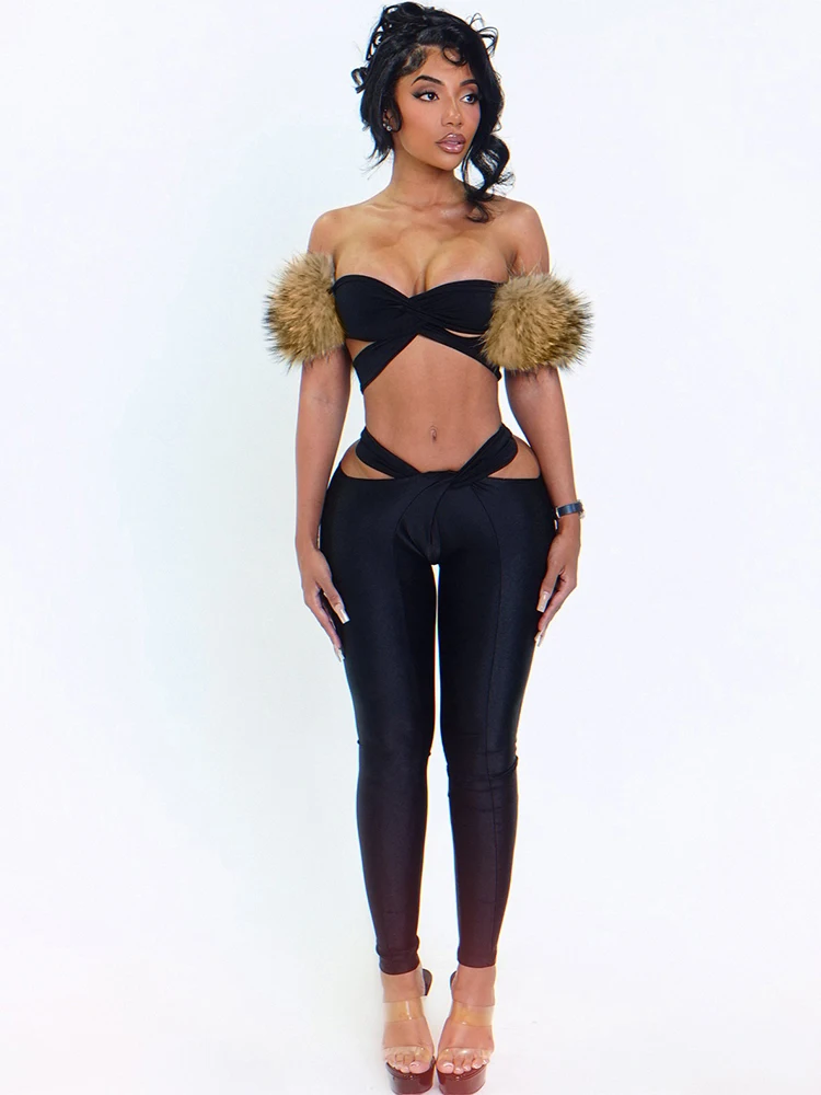 Sisterlinda Hollow Cross Sexy Women 2 Piece Set Tracksuit Slash Neck Fur Patchwork Tops+High Waist Leggings Matching Streetwear