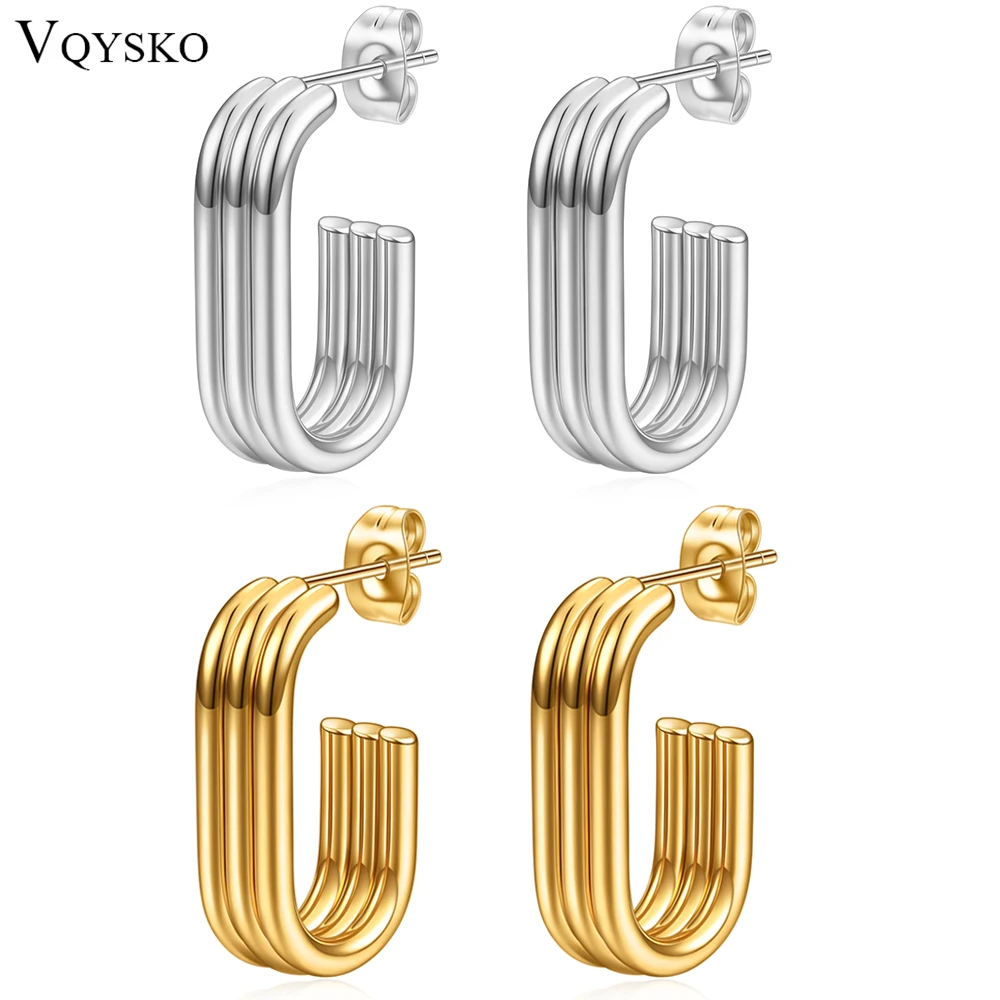 VQYSKO Fashion Three Row Striped U Shaped Hoops Open Earrings Rectangular Geometric Minimal Earrings for Women Jewelry Gift