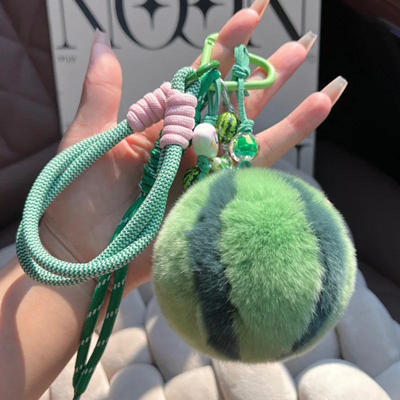 Cute real Angora rabbit fur little watermelon car keychain pendant, popular plush doll bag charm