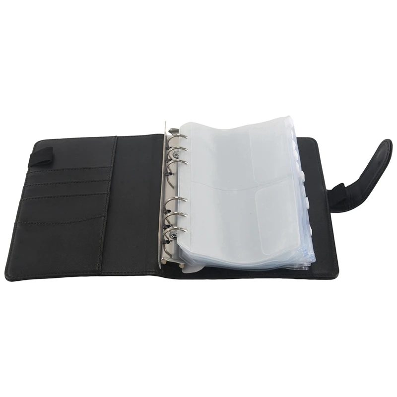 56 Binder Bags A6 With Leather Binder Cover, 6 Rings Budget Binder With Cash Envelope, Money Saving Binder (Black)