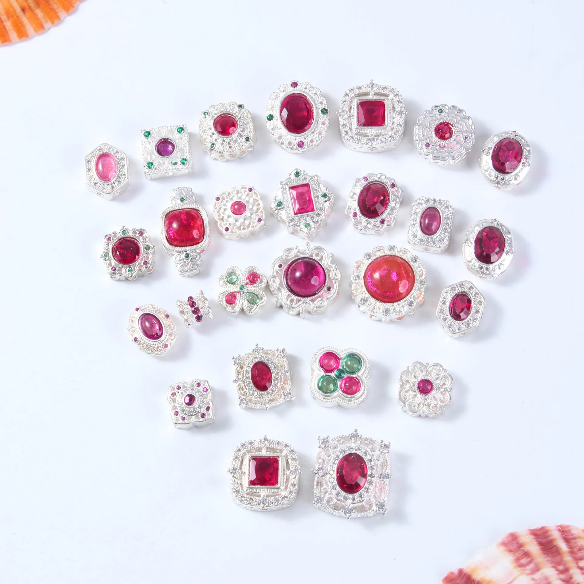 10pcs Copper Plated Silver Inlaid Red Zirconium Spacer Bead Accessories DIY Bracelet Necklace Jewelry Making Beads Wholesale