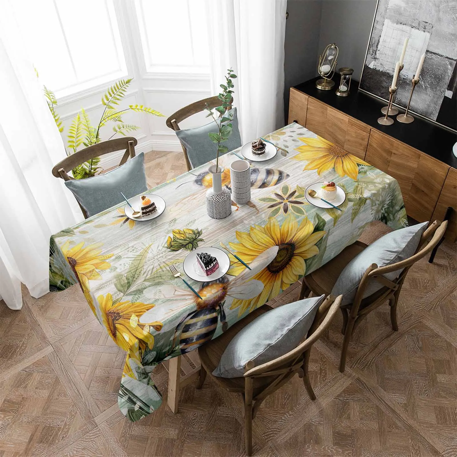 

Retro Wood Grain Sunflower Bee Waterproof Tablecloth Party Decorations Supplies Rectangle Table Cloth for Kitchen Table Decor