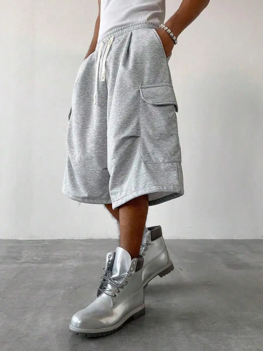 

Mens Grey Casual Loose Knee-Length Shorts With Multiple Pockets