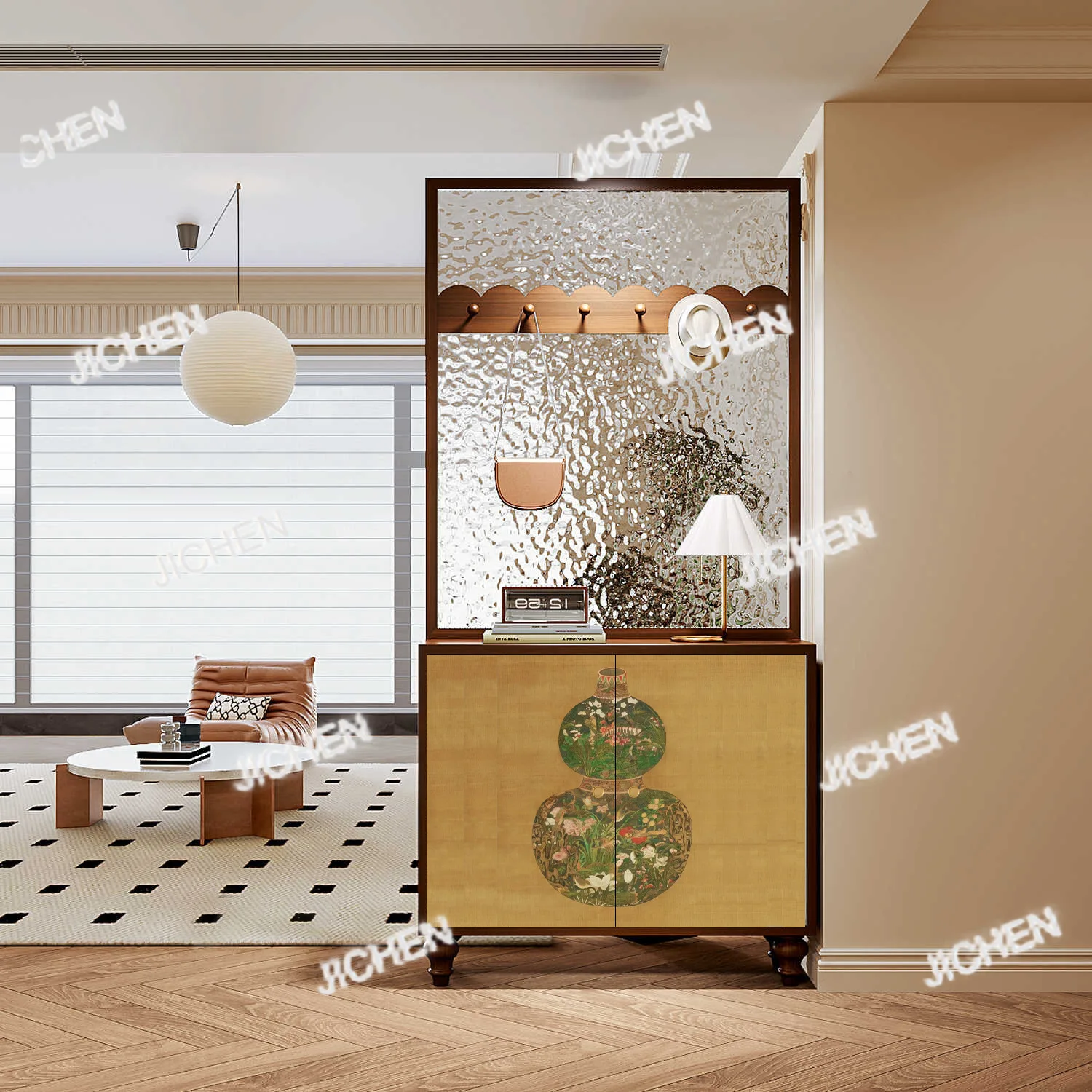 

XXH Abstract Entrance Cabinet Solid Wood Water Pattern Glass Entry Door Screen Partition Living Room Storage Shoe Cabinet