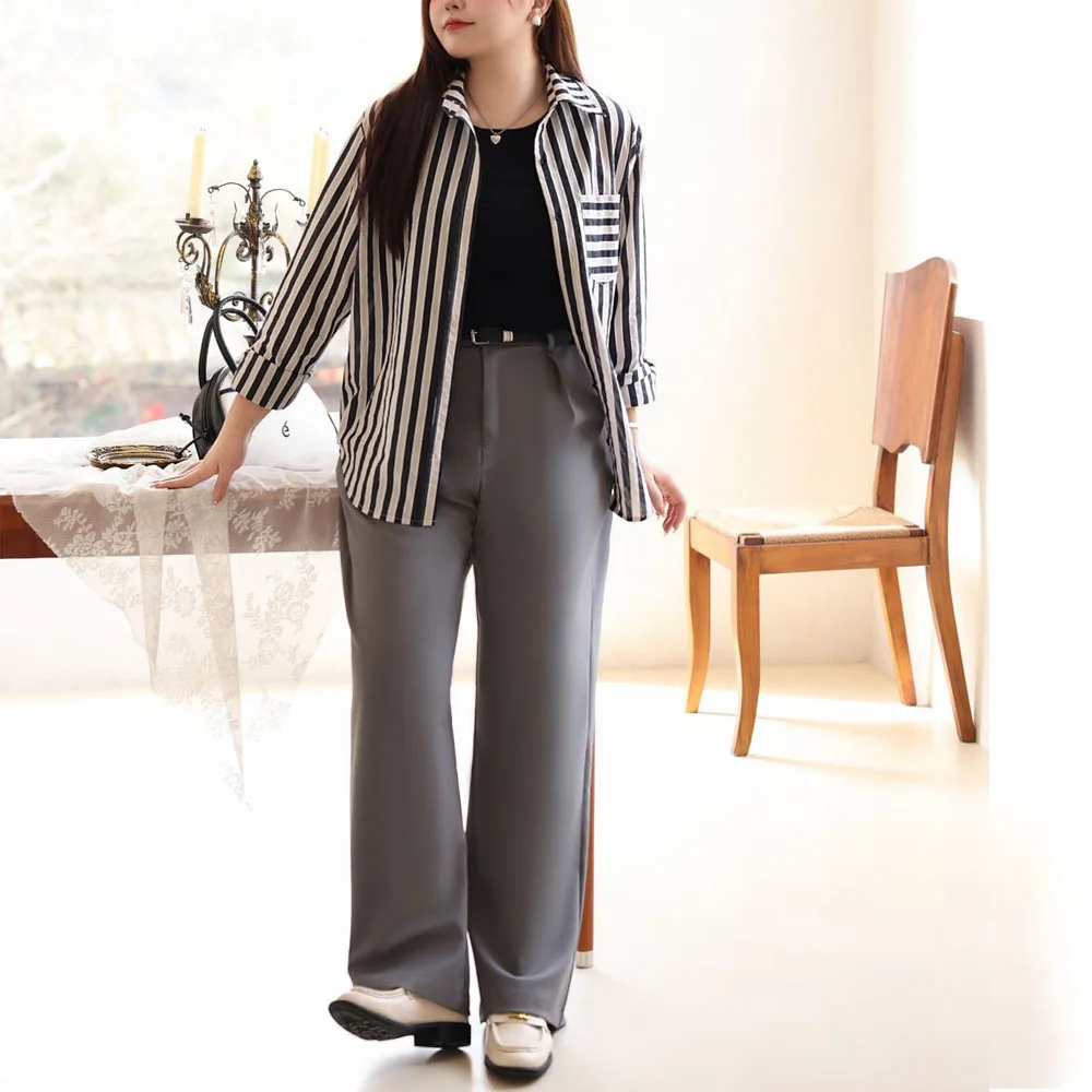 Women's High Waist Straight Leg Commuter Suit Pants, Leisure OL Shirt, Spring Summer, Good Quality Plus Size, 2 Pieces Sets