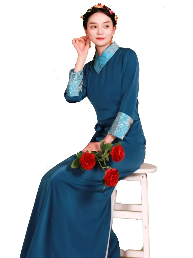 

Elegant Robe Female National Gown Women Long Sleeve Ethnic Clothing Cheongsam Style Tibetan Dress