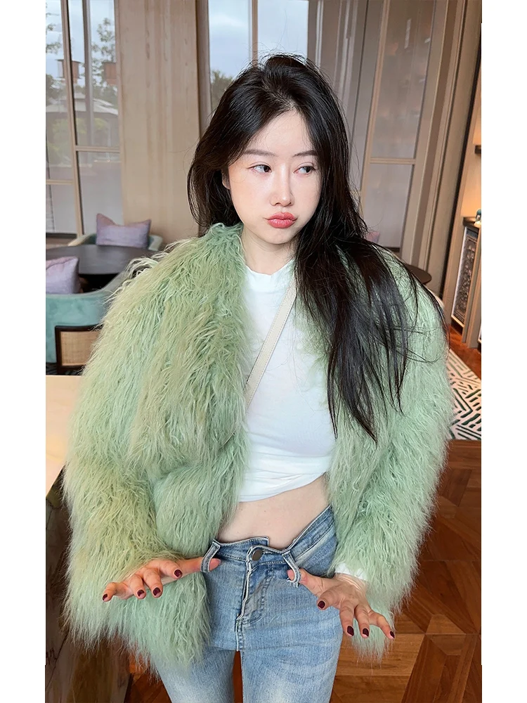 

een Woolen Faux Fur Jaet Women's Winter New Sle Drifting Fluffy Outerwear Loose Fit Long Sve V-Ne Korean Sle
