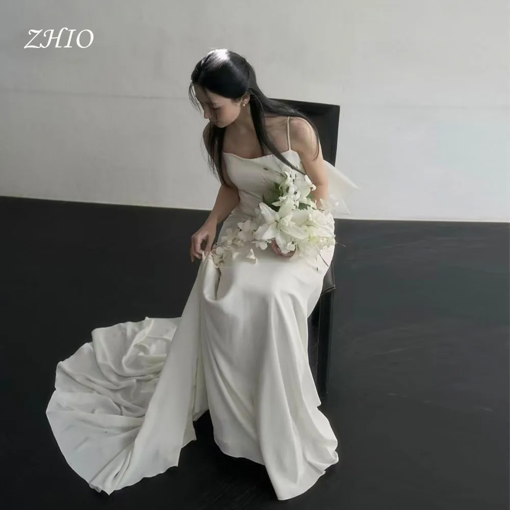 

ZHIO Simple White Satin Wedding Party Dress Open Back Spaghetti Straps A-Line Korea Photo Shoot Bridal Reception Gown Customized