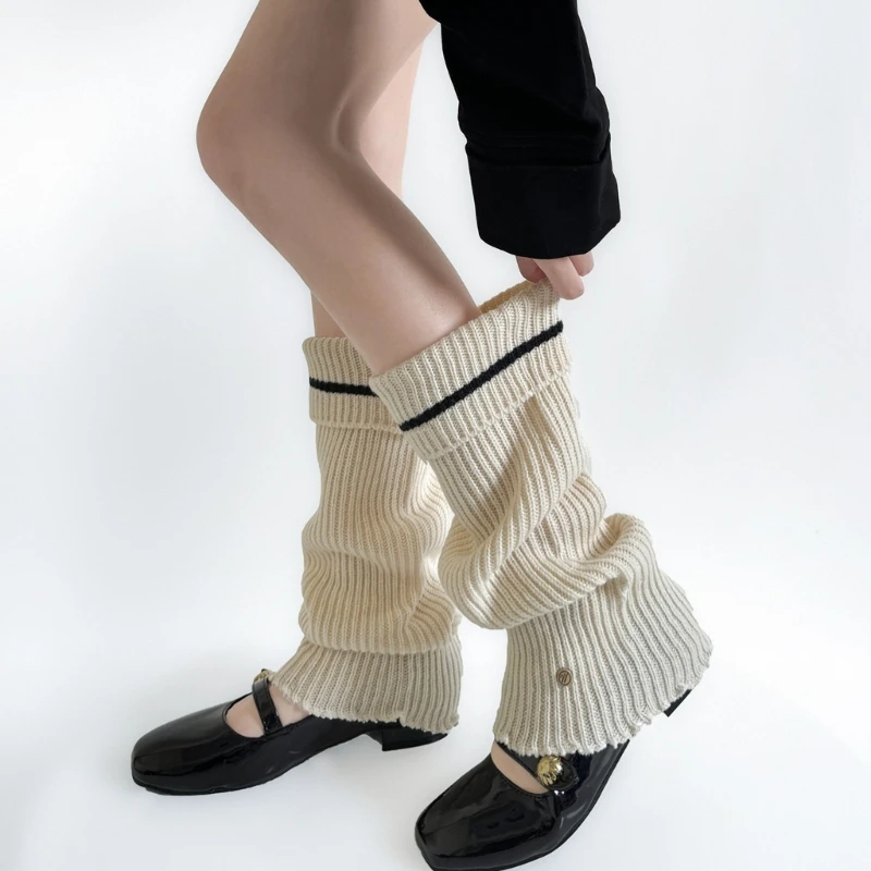 Women Rib Knit Turn Cuffs Foot Cover with Metal Button Harajuku Leg Warmer Socks