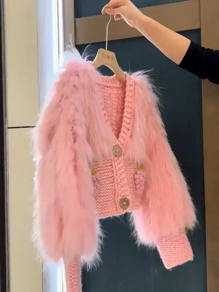 Gagarich Women Fashion Sweater Loose Beautiful Pink Sweet Knitted Splicing Imitation Mink Fur New 2025 Hot Cardigan Fur Top