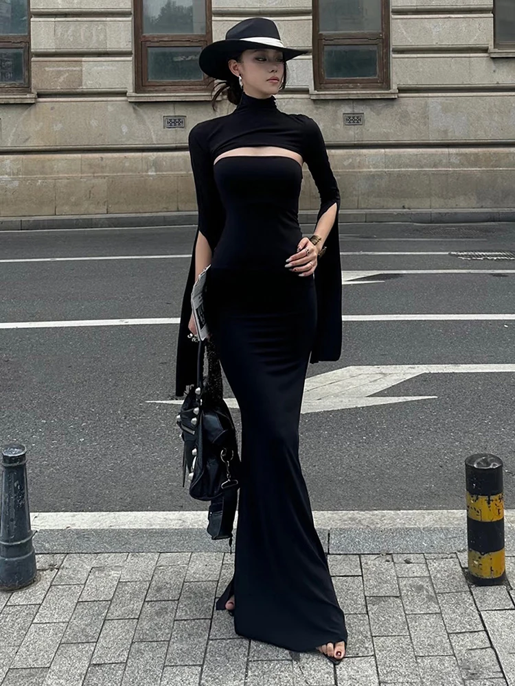 Estranho gato clássico conjunto de 2 peças feminino sem alças split maxi vestido + super curto meia manga gola alta topo combinando roupas elegantes