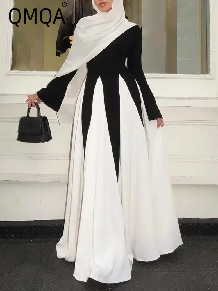 QMQA Fashion Women's Elegant Banquet Dresses Black White Splicing Velvet Long Sleeve Bow Big Swing Maxi Party Dress 2025 New