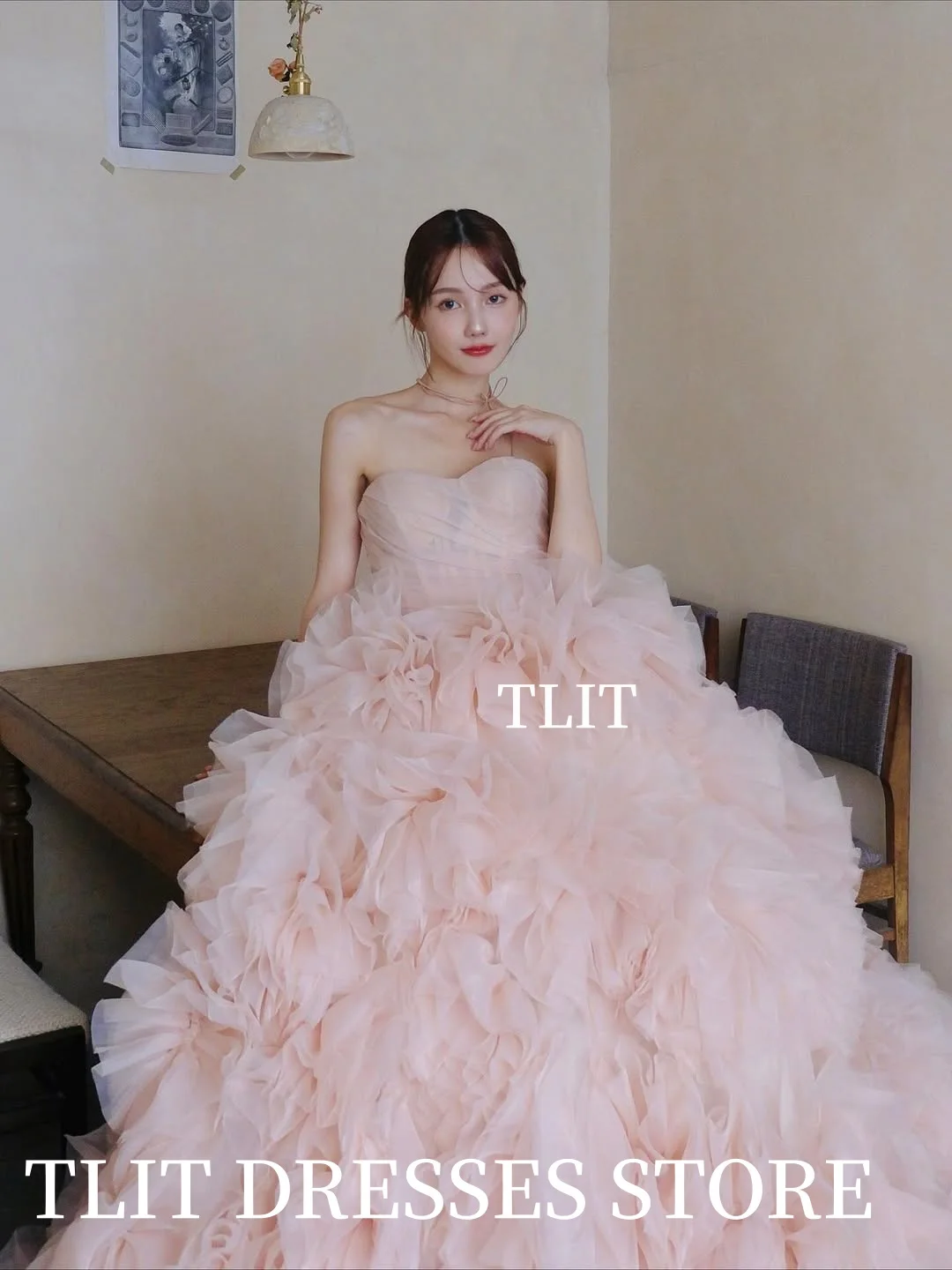 TLIT Lovely Pink Tiered Tulle Evening Dress이브닝 드레스 Korea Wedding Dresses Photo Shoot Pleats Strapless Prom Gown Customized