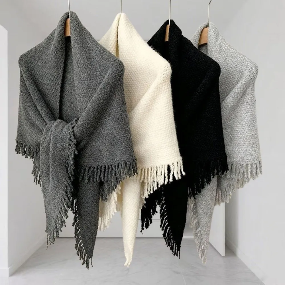 Chic Wool‑Blend Triangle Shawl Tassel Multi-color Knitted Scarf Solid Color Decorative Wrap Shawl Fall Winter