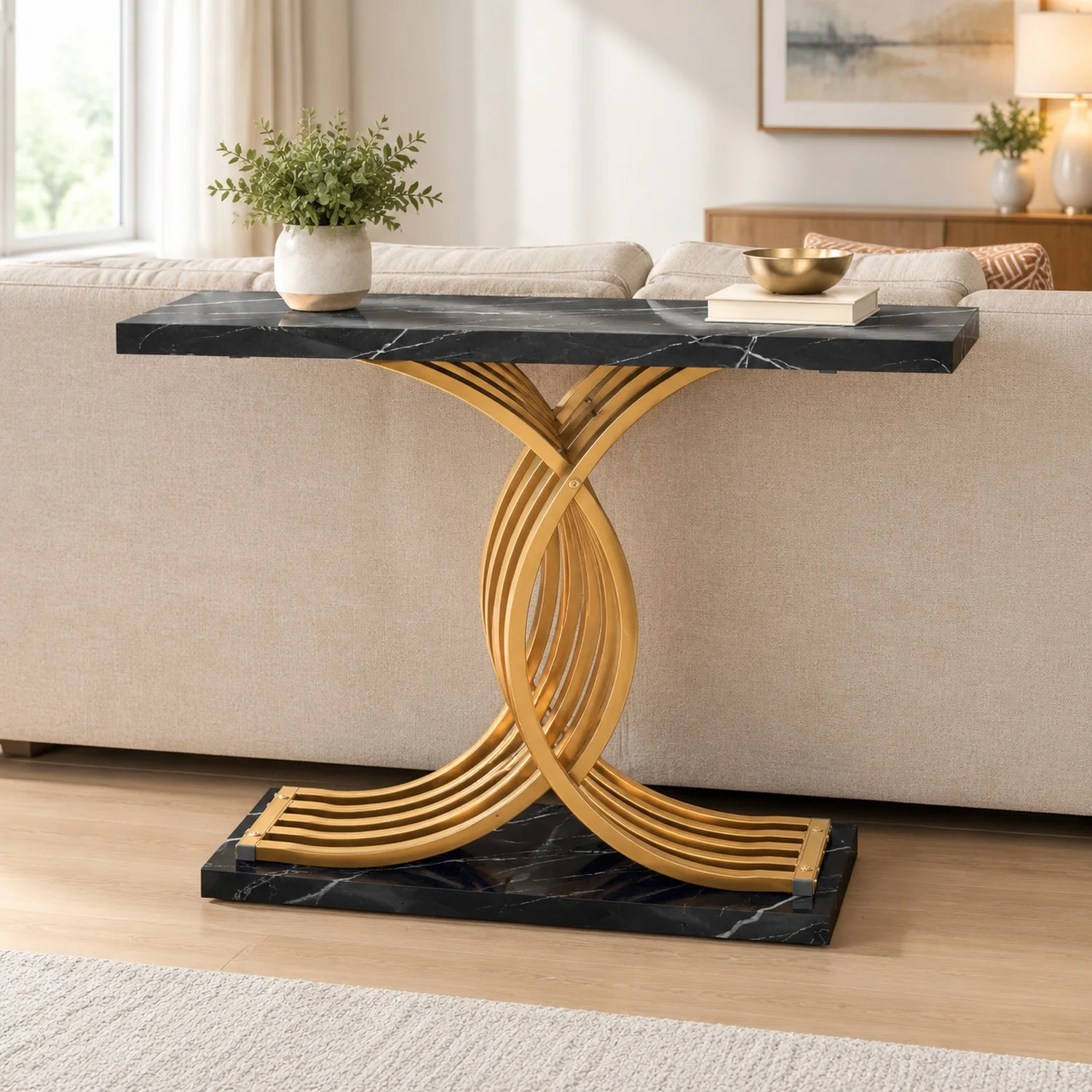 39 in Gold Console Table, Modern Desk Behind the Couch, Wood Rectangle Entrance, Narrow Long Sofa Accent Stand with Metal Legs