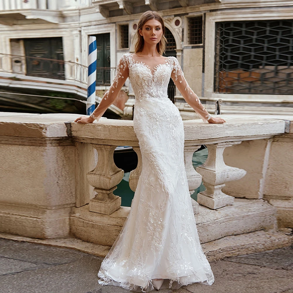 

Elegant Strapless Mermaid Wedding Dresses for Women Full Sleeve Bridal Gowns with Lace 2024 Summer New Button Back Vestidos De