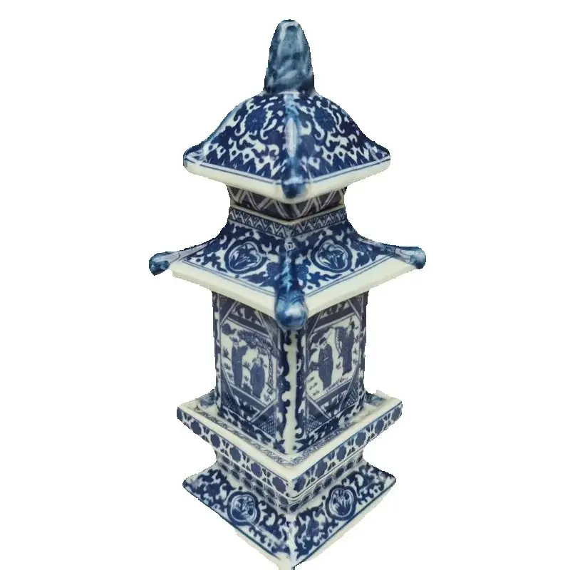 China Old Porcelain Tower Shaped Jar Blue And White Figure Patterned Storage Jar Antique collection Oriental Home Decor