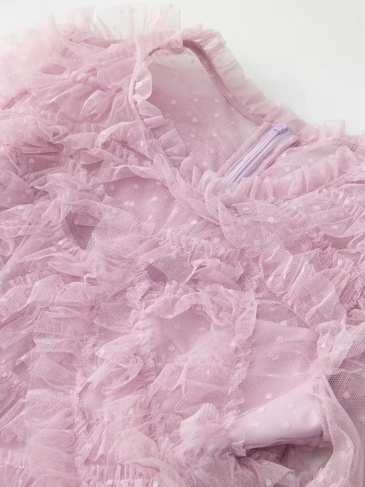 Dsxdfacairij vestido feminino vintage de malha com bolinhas, gola redonda, babados em camadas, manga lanterna, cor sólida, moda verão, roupas femininas