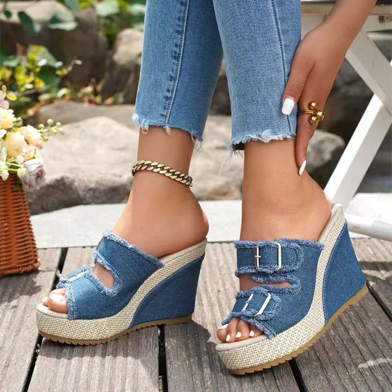 

Blue Denim Wedge Heel Sandals for Women Summer Fashion Double Buckle Chunky Platform Sandals Woman Gothic Thick Bottom Slippers