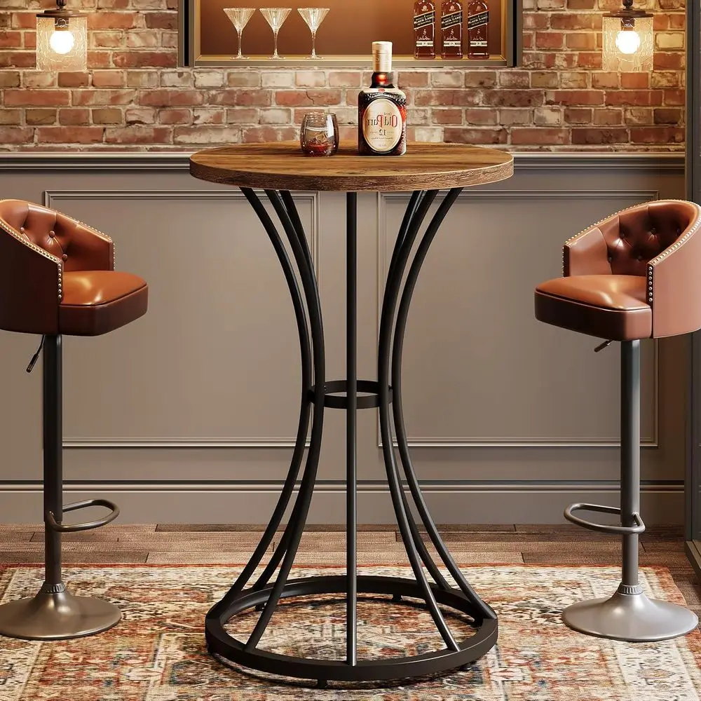 

37.4 High Round Metal Base Pub Table, Ideal for Small Spaces, Suitable for Living Room and Kitchen (Brown & Black)