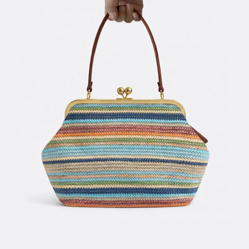 

Summer Trend Colorful Striped Straw Shoulder Bag New Design Frame Large Kisslock Clutch Bag for Women Vacation Travel Beach Bag