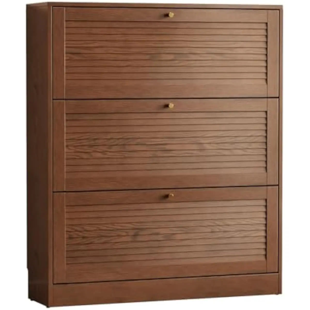 Solid wood shoe cabinet with three lift-up compartments, compact 11-inch depth design, height-adjustable interior panels, wall-a