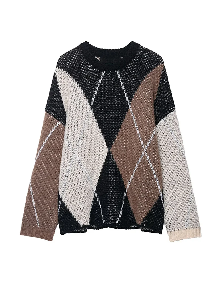    TFMLN Damesmode Argyle Trui Lente Herfst Losse O-hals Trui Gebreide Top Elegante Lange Mouw Plaid Casual Knitwear