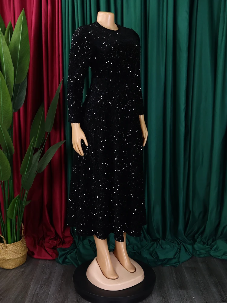 2024 Vintage-Mode Pailletten Frauen Kirche Swing Kleider Lange Hülse O-ansatz Hohe Taille Elegante Glitter Bankett Party Abendkleid – Detail 21