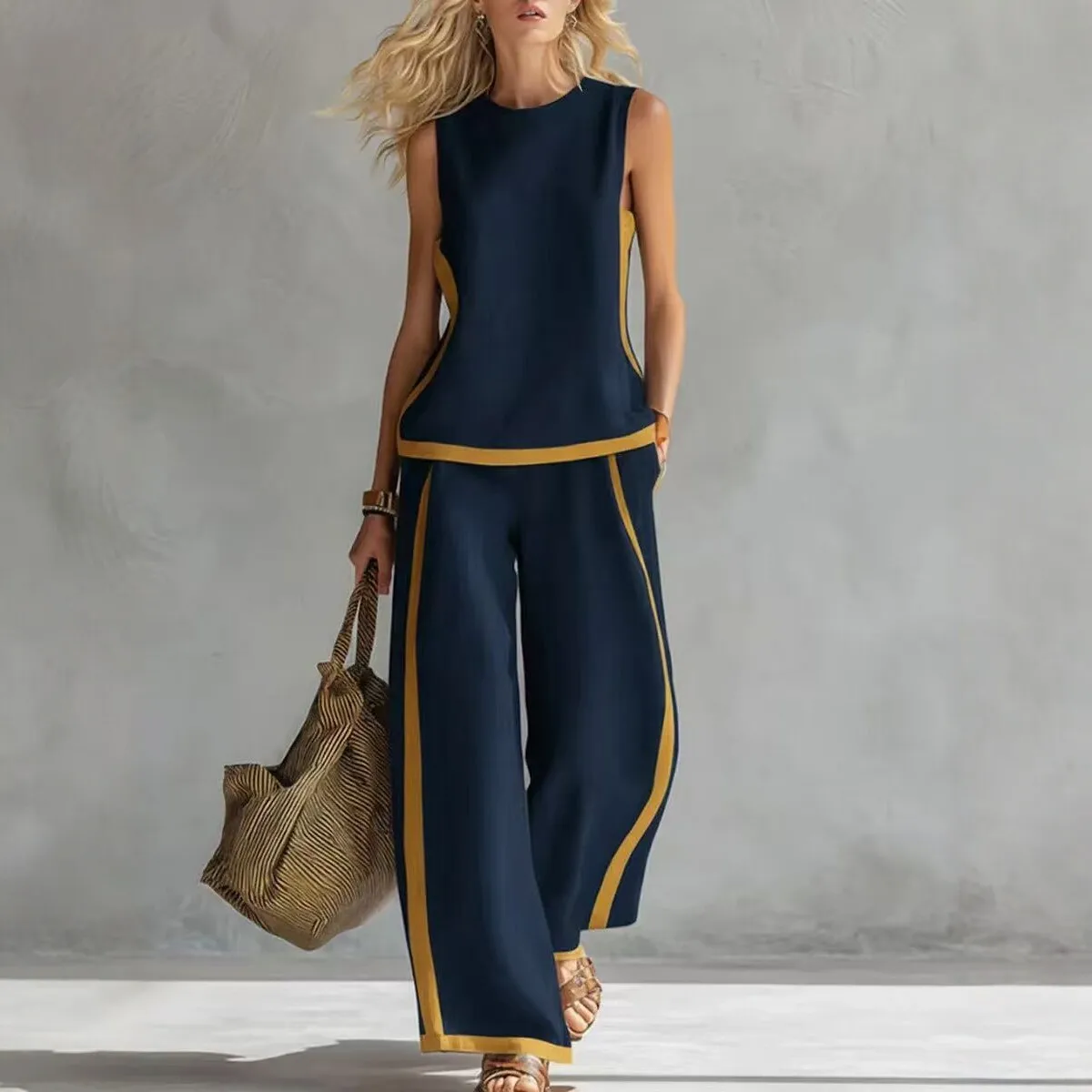 Simple Stripe Print Women's Suits Summer Fashion Sleeveless Loose Blouse Wide Leg Pants Two Piece Set For Women Casual Outfits - view 3