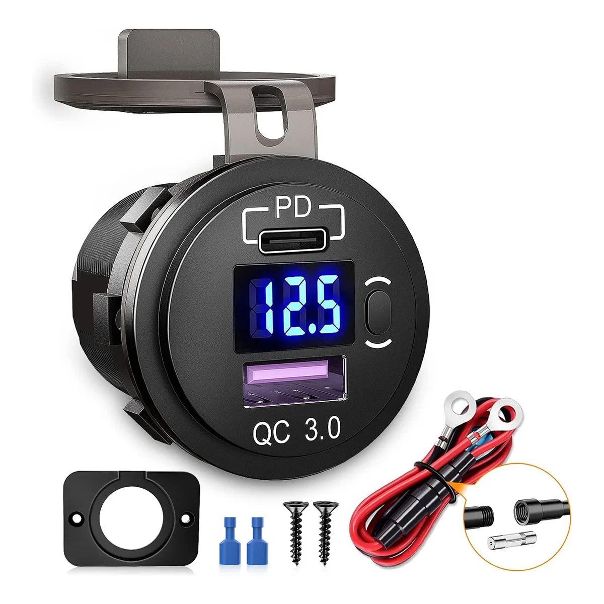 Chargeur USB Quick Charge QC 3.0 et PD pour voiture et tourisme, adaptateur de prise avec interrupteur, voltmètre pour camions, montres et motos