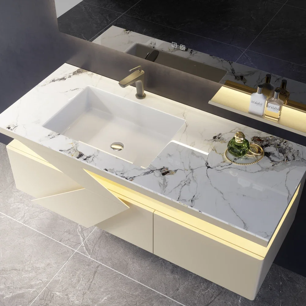 Modern High-End Stainless Steel Bathroom Vanity with Sink Hinge Drawer Slide for Home Villas and Sanitary Bathroom Cabinets