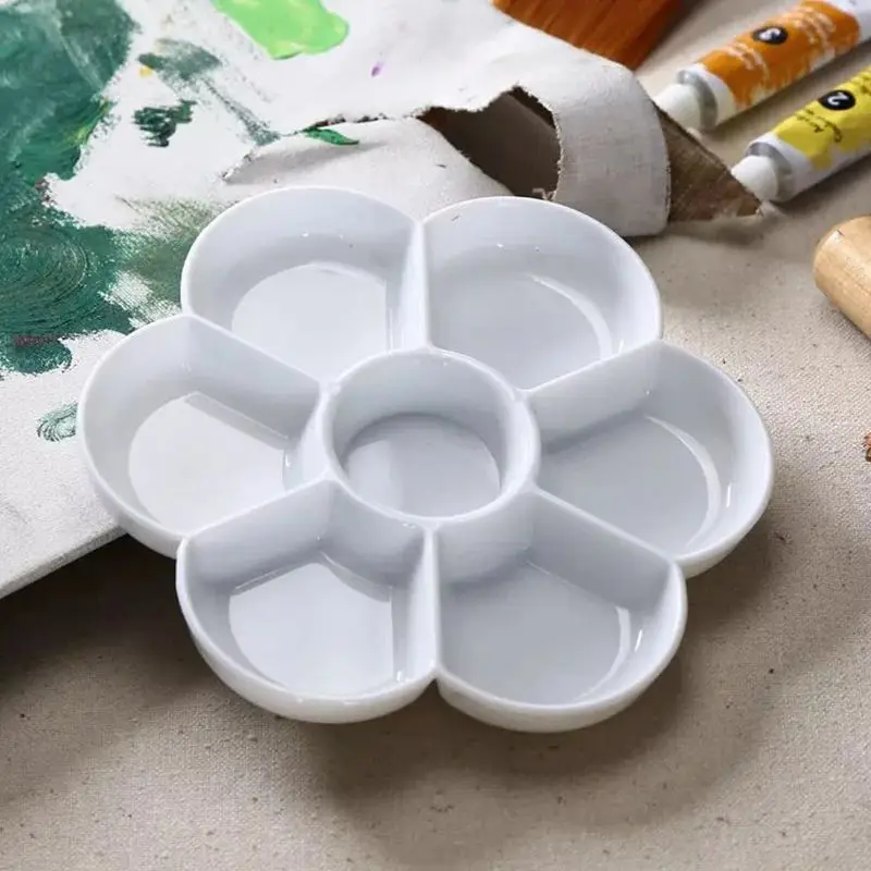 7-grid Plum Blossom Paint Palette Tray Imitation Ceramic for Acrylic Oil Watercolor Gouache Craft DIY Art Painting, White