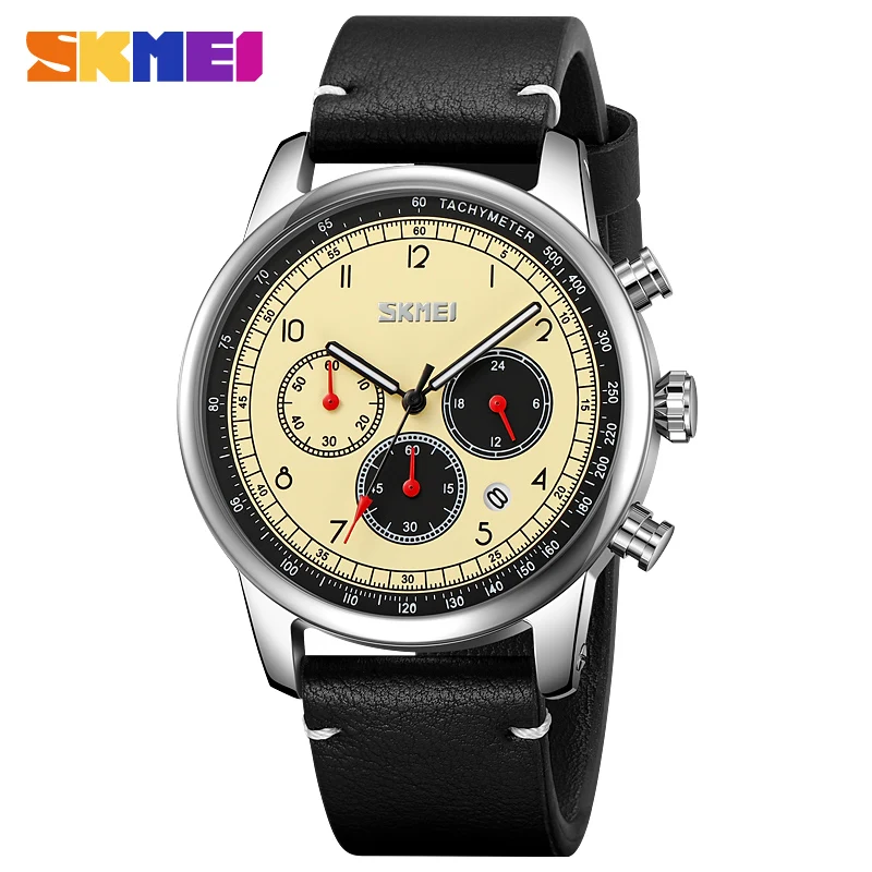 SKMEI Fashion Stopwatch Watch Mens Casual Genuine Leather Strap Quartz Wristwatches Waterproof Date Week Clcok Male reloj hombre