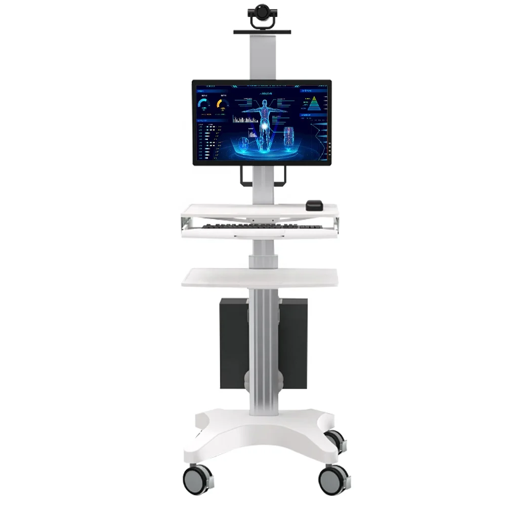 Medical Trolley With Monitor Mount Adjustable Move Computer Cart Workstation For Hospital Home Office School