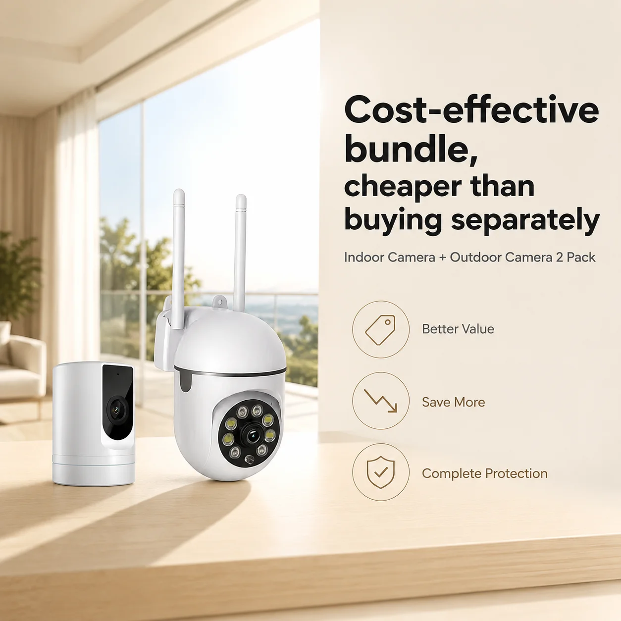 2PC WiFi  Wireless Security Camera, Cloud/SD Storage Cam, 355° Pan-Tilt, Color Night Vision, 2-Way Audio & Motion Detection