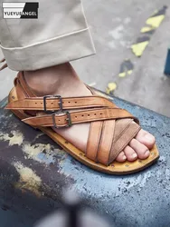 Handmade Mens Cowskin Genuine Leather Sandal Vintage Design Weave Strap Buckle Flat Shoes Casual Summer Gladiator Sandals Male