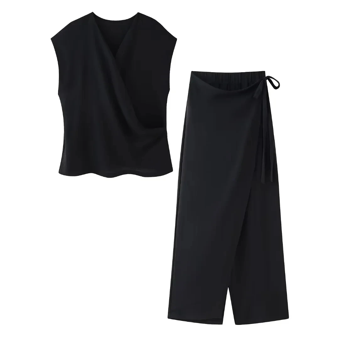 2024 Woman Trouser Set Solid V-Neck Sleeveless Shirt Top + High Waist Chic Lace Up Women\'s Wide Leg Long Pant Streetwear
