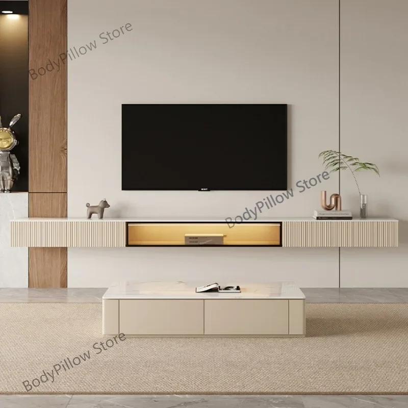 Nordic Solid Wood Suspended LED Smart Light TV Cabinets Living Room Furniture Modern Hanging Slate Luxury Wall  Stands d